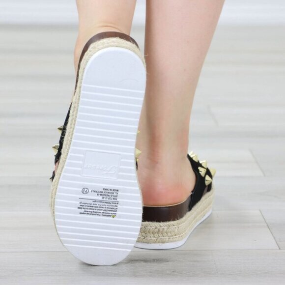 Black Platform Espadrille Sandals Crossover Gold Metal Stud Slip On Sliders - Picture 13 of 15